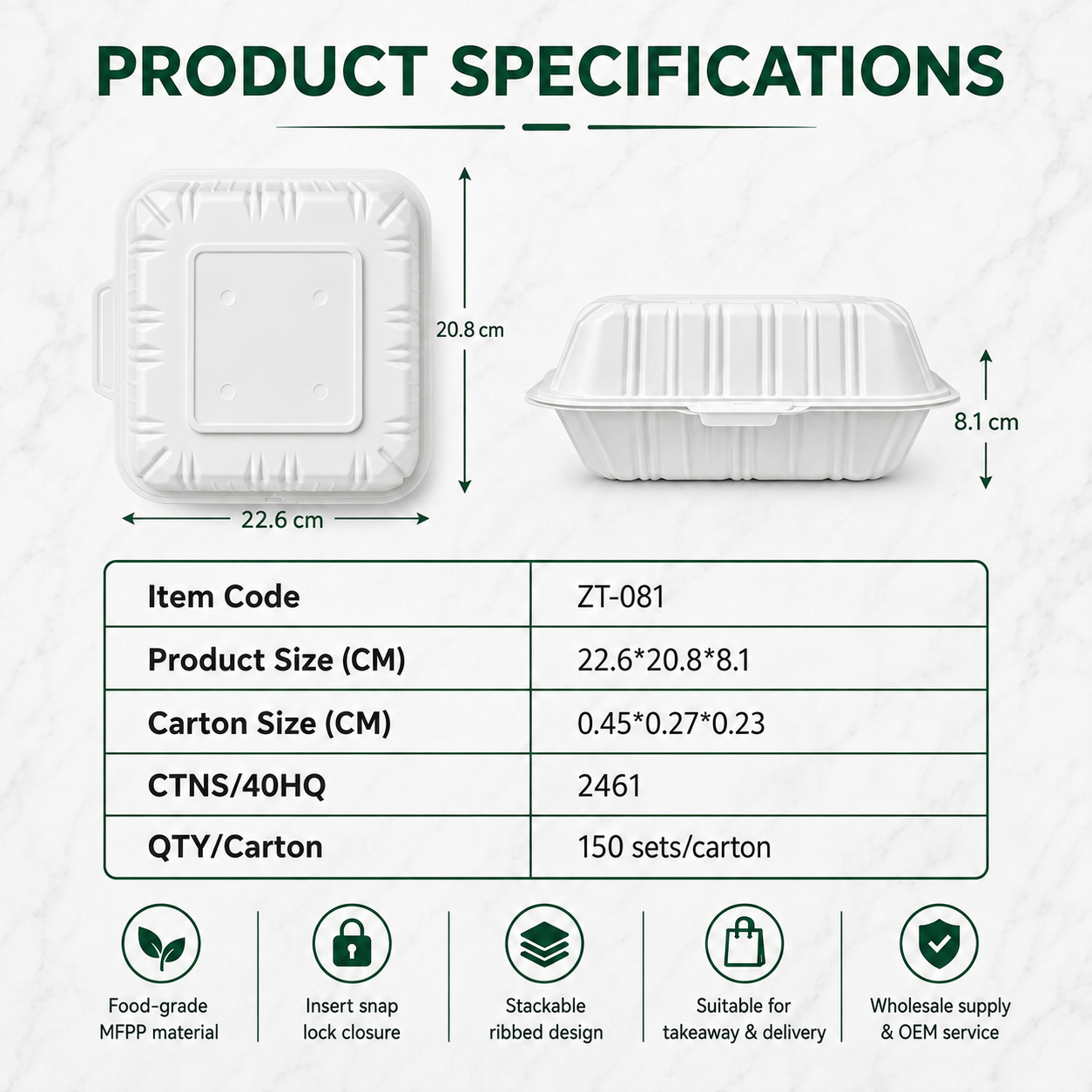 ZT-081 8 Inch Single-Compartment MFPP Clamshell Takeout Container