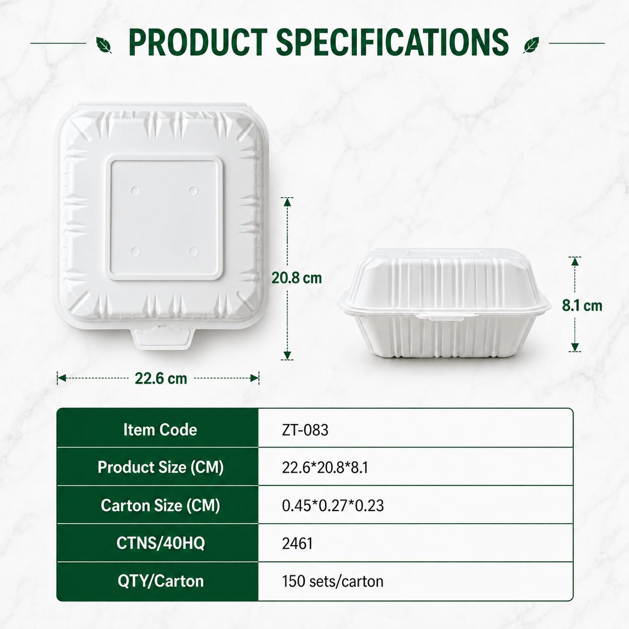 ZT-083 8 Inch 3-Compartment MFPP Clamshell Takeout Container