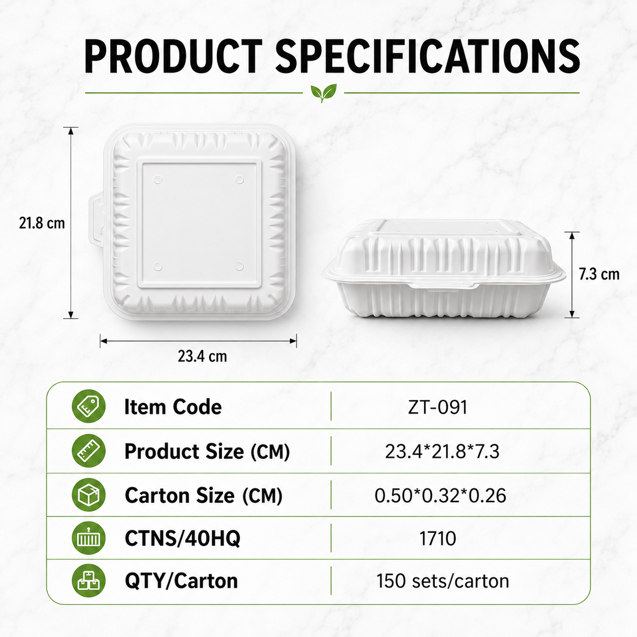ZT-091 9 Inch Single-Compartment MFPP Clamshell Takeout Container