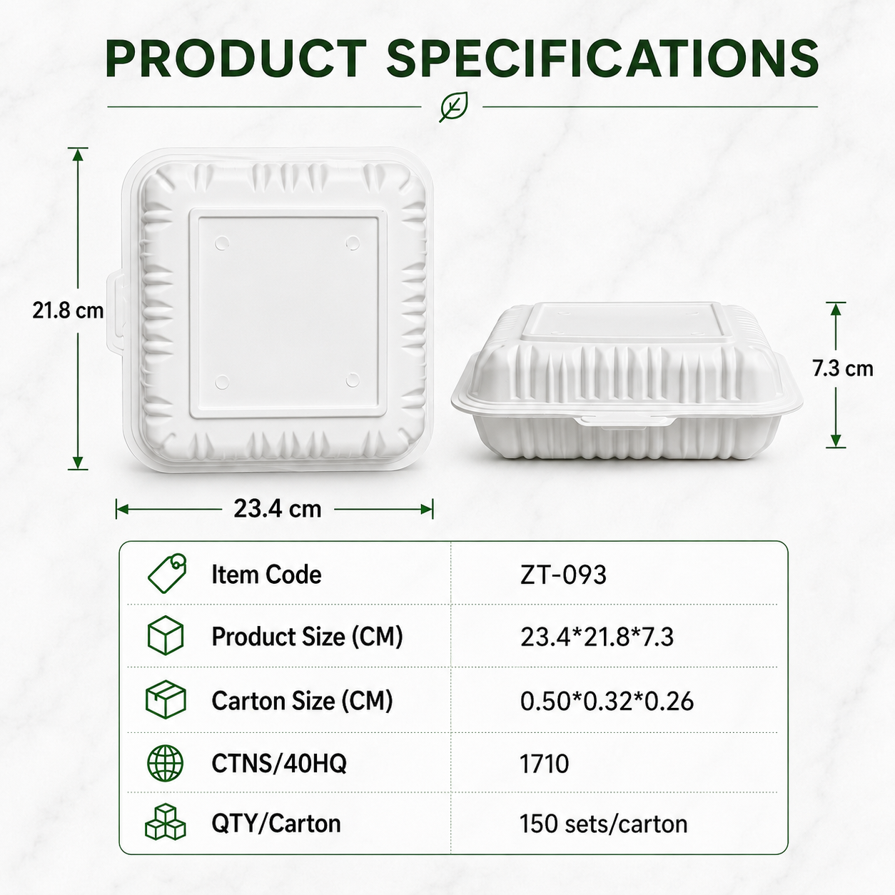 ZT-093 9 Inch 3-Compartment MFPP Clamshell Takeout Container